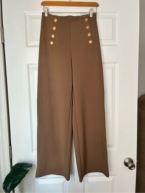 H&M Brown High-Waist Wide Leg Pants with Gold Buttons